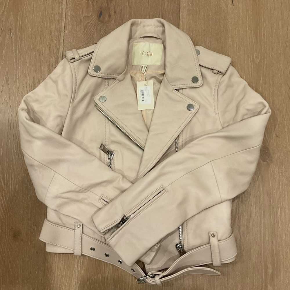 Maje leather motto jacket in nude color